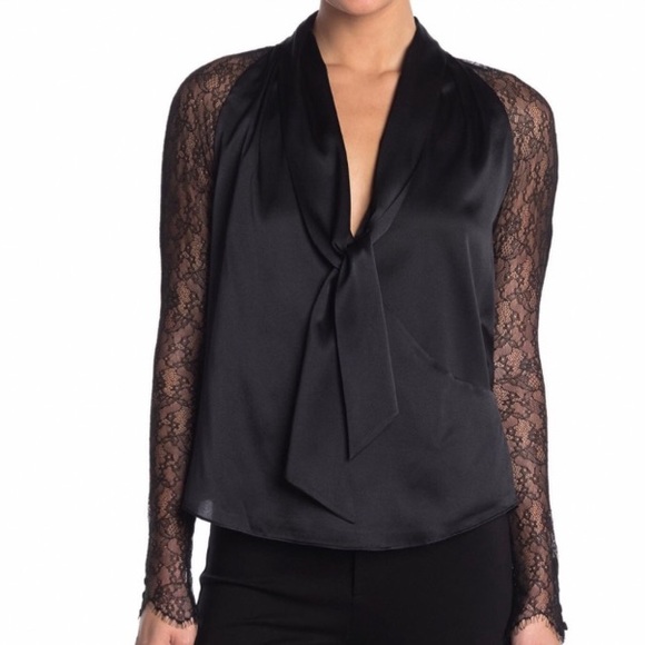 Jonathan Simkhai Tops - Jonathan Simkhai black silk faux wrap top with lace sleeves